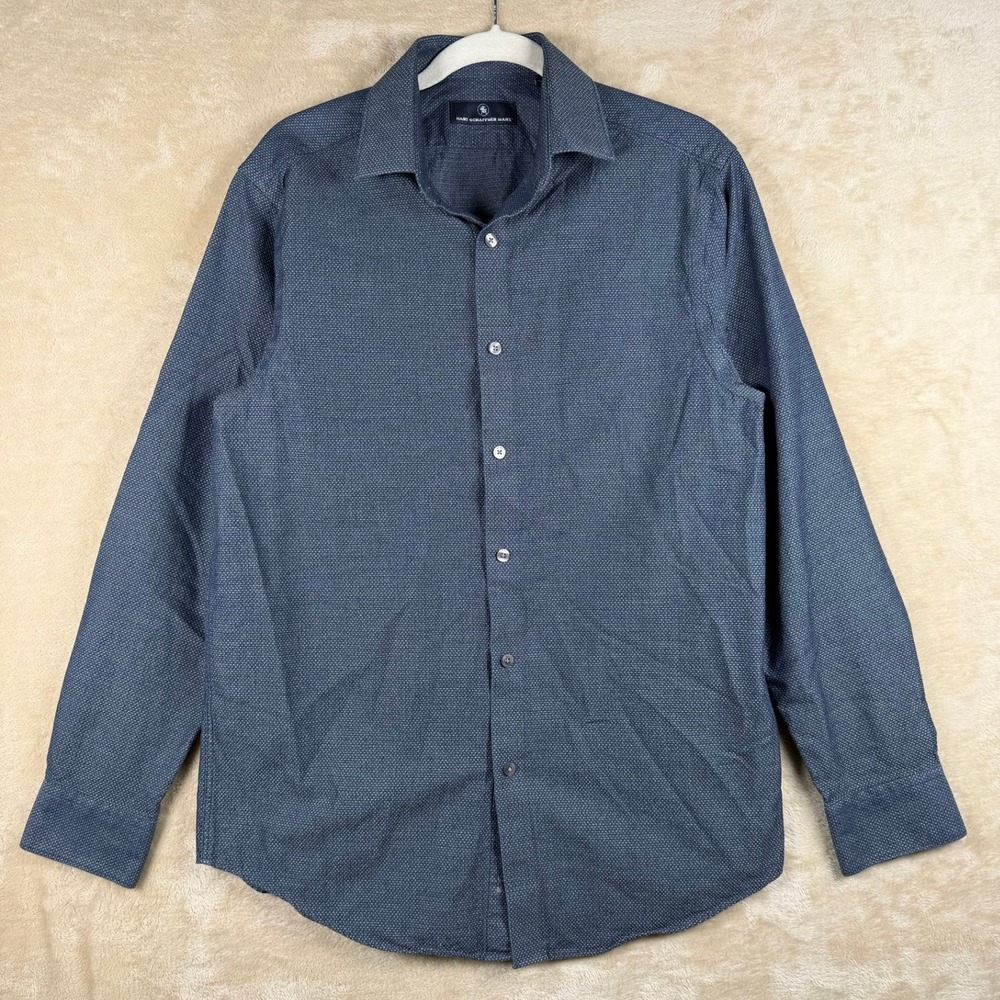 Hart Schaffner Marx Mens Navy Micro Pattern 100% Cotton Button Down Shirt Medium